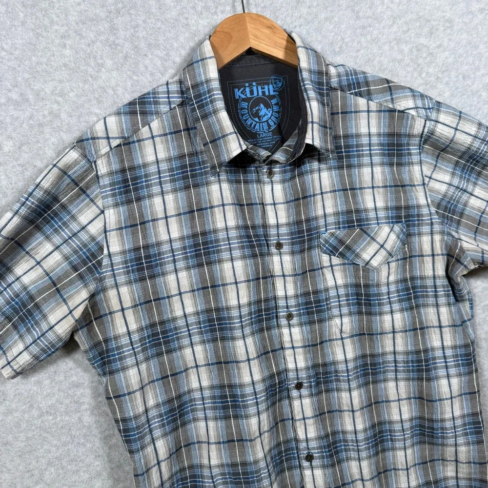 Kuhl Mens Large Blue Grey Plaid Short Sleeve Button Down Mountain Shirt Cotton - Picture 6 of 16